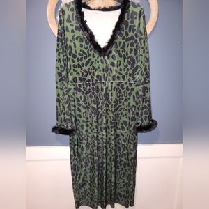 Green Leopard Print Dress with Black Fake Fur Trim Size XXl
